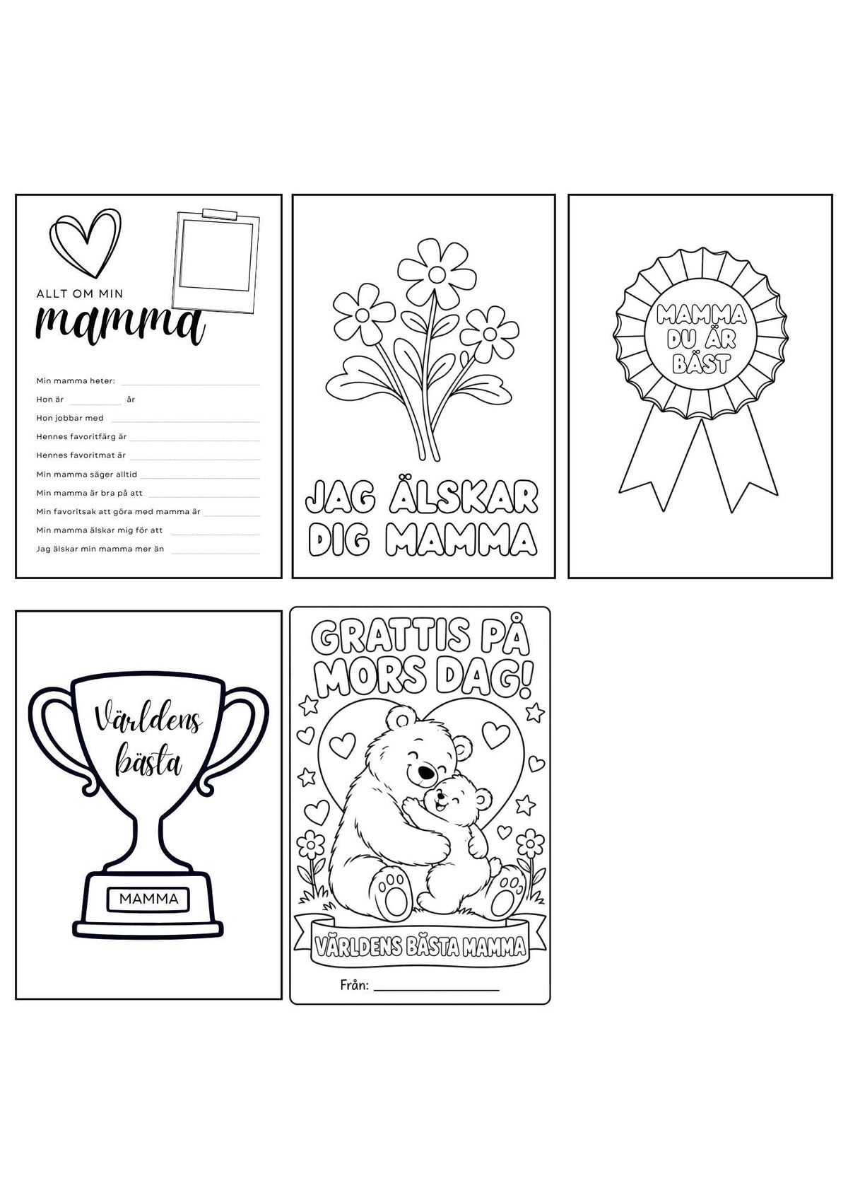 Mors dag-pyssel – fem blad med Allt om mamma & målarbilder