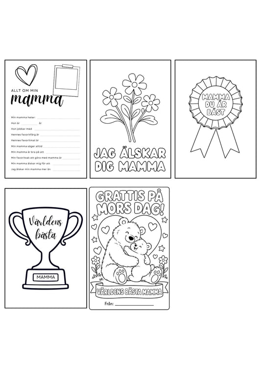 Mors dag-pyssel – fem blad med Allt om mamma & målarbilder