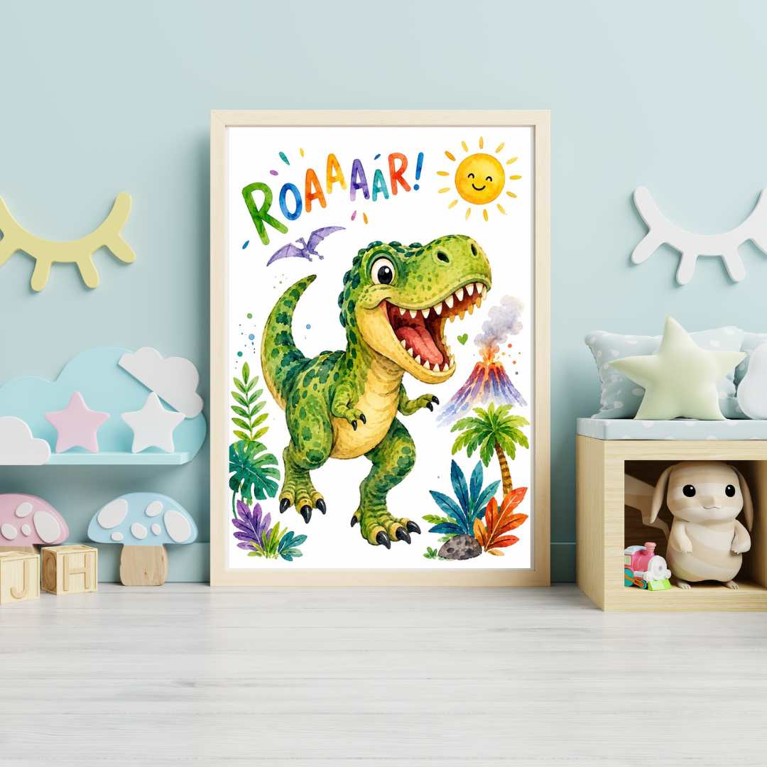 T-rex som ropar ROAAAR på poster i barnrum