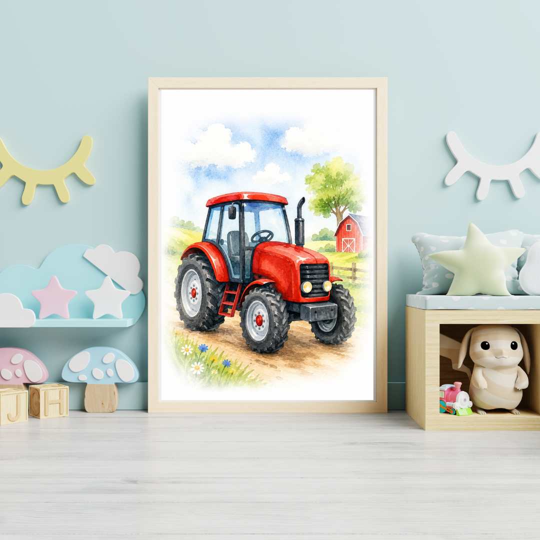 röd traktor på poster från pysselverkstan