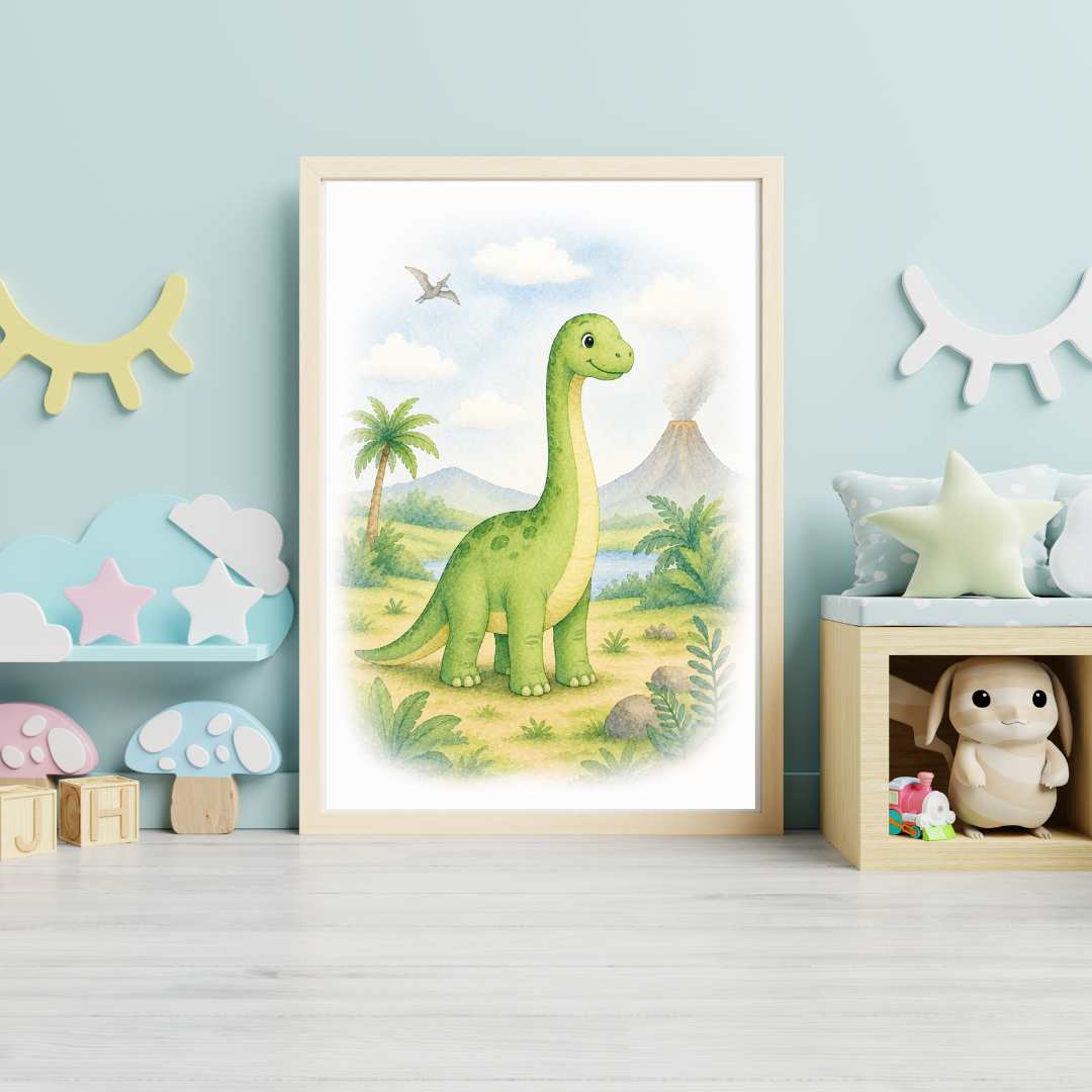 Grön dinosaurie långhals i tavla i barnrum