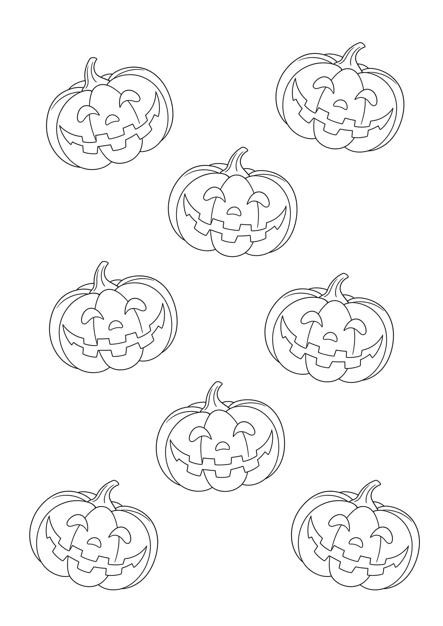 Ladda ner en gratis målarbild med flera små läskiga pumpor till halloween.