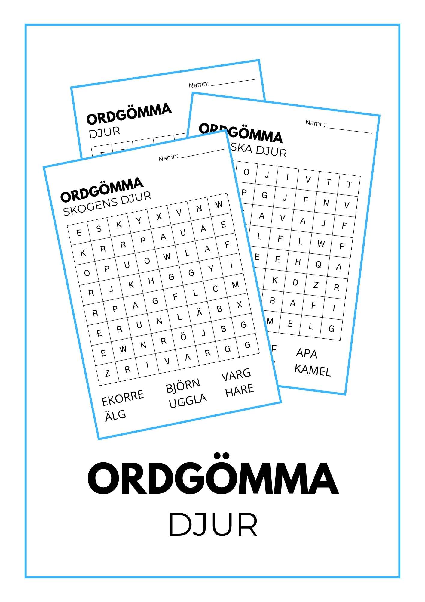 Ordgömma – Djur innehåller tre enkla ordgömmor med välkända djur från bondgården, skogen och världens alla hörn.