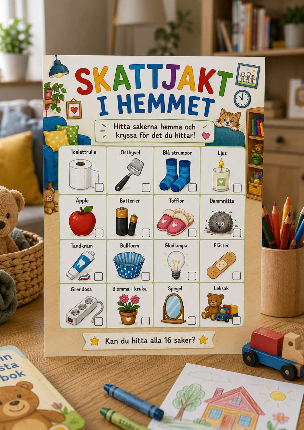 Skattjakt i hemmet för barn, rolig aktivitet