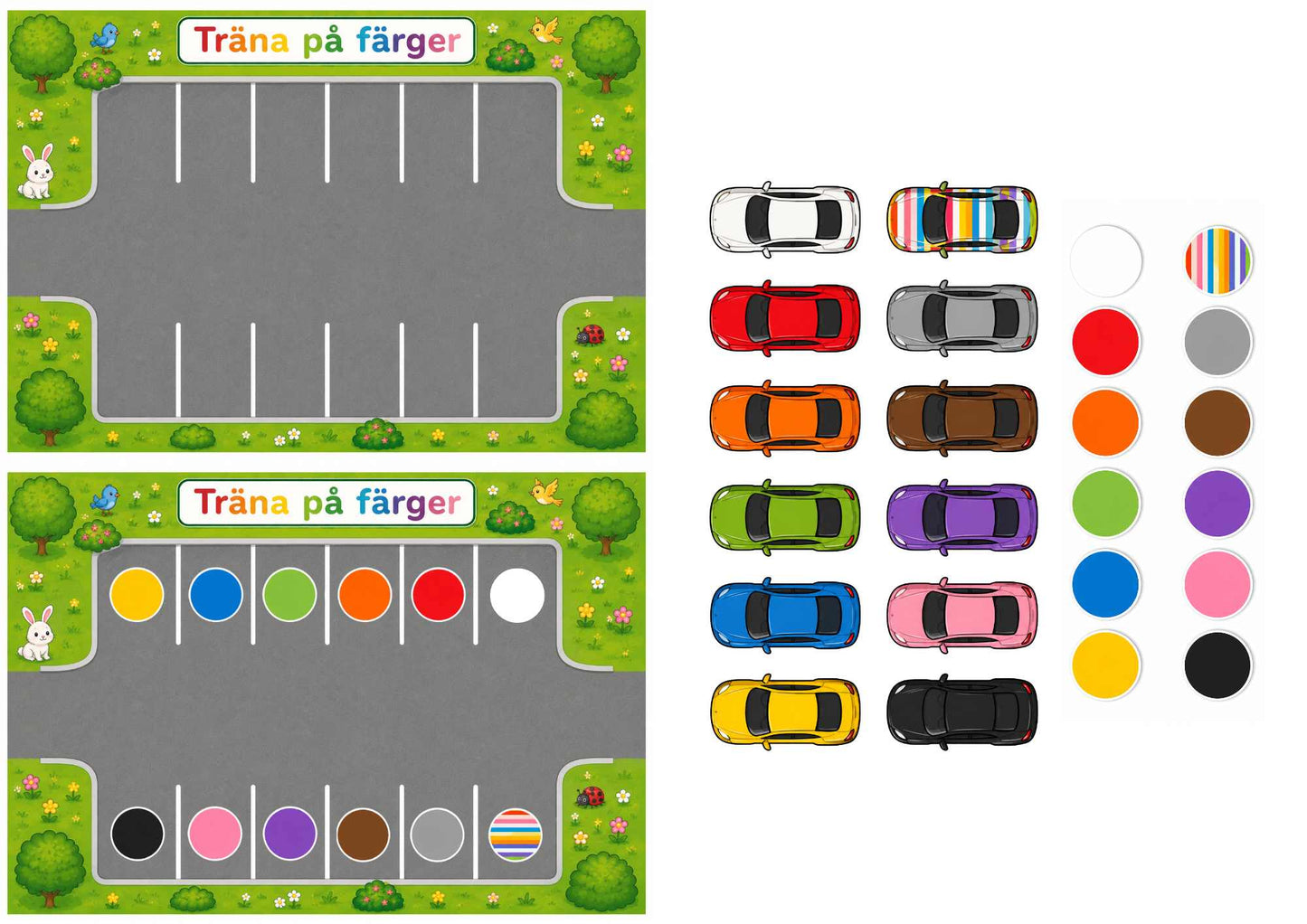 två parkeringar och 12 bilar i färgglada färger