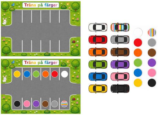 två parkeringar och 12 bilar i färgglada färger