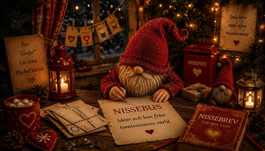 En nisse sitter och fungerar på nissebus i ett juligt rum