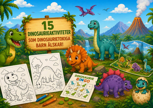 Målarbilder, bingo och lekset med dinosaurier