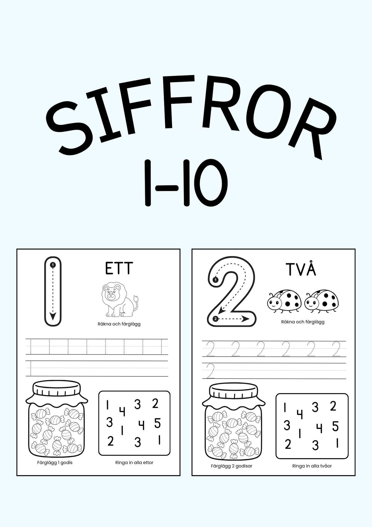 Siffror 1-10 - Arbetsblad för barn