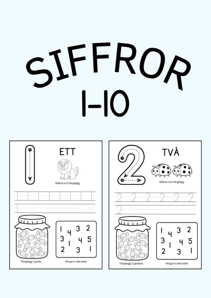 Siffror 1-10 - Arbetsblad för barn