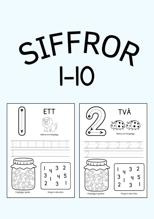 Siffror 1-10 - Arbetsblad för barn