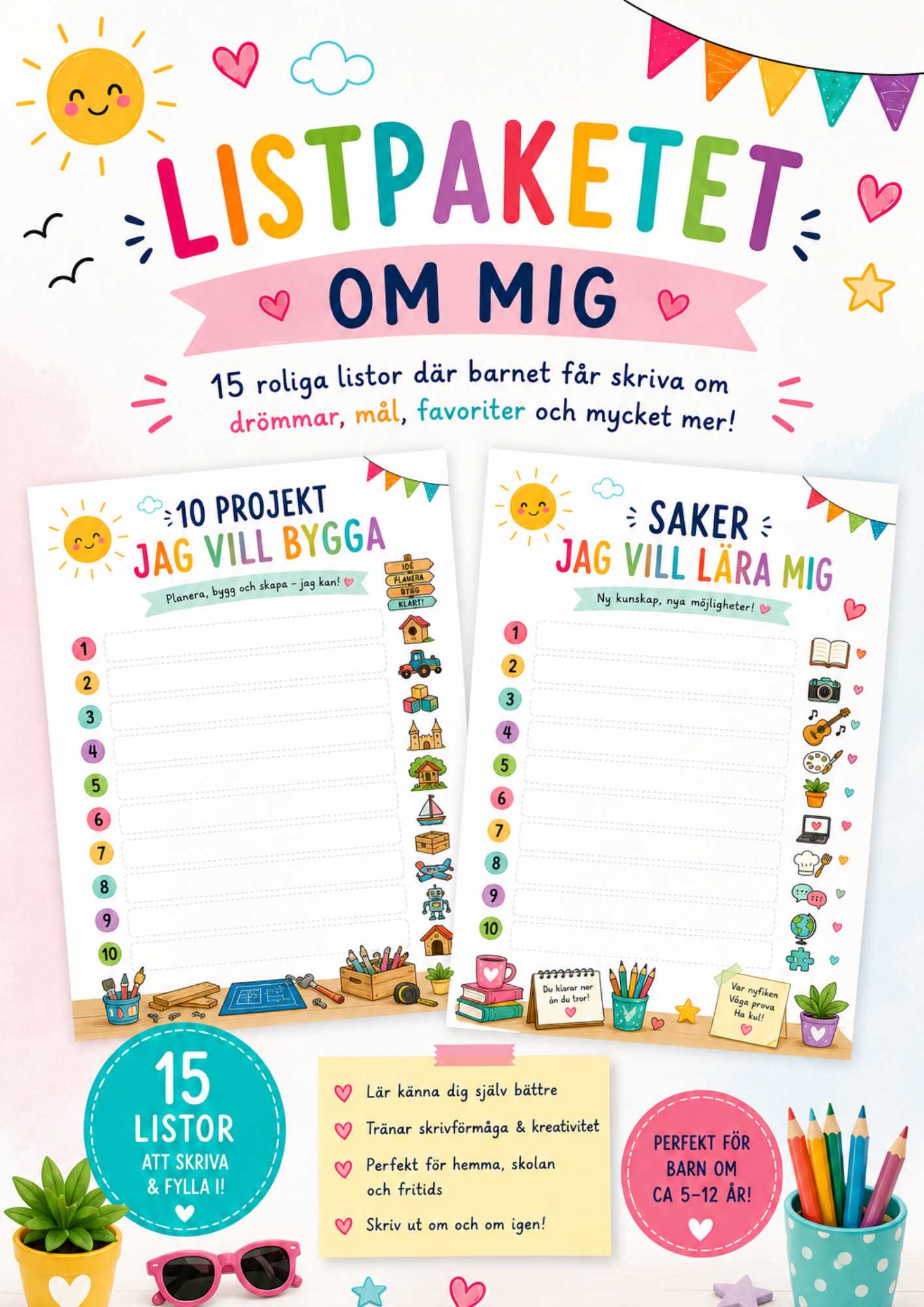 Listpaketet – Om mig innehåller 15 färgglada listor för barnet att fylla i