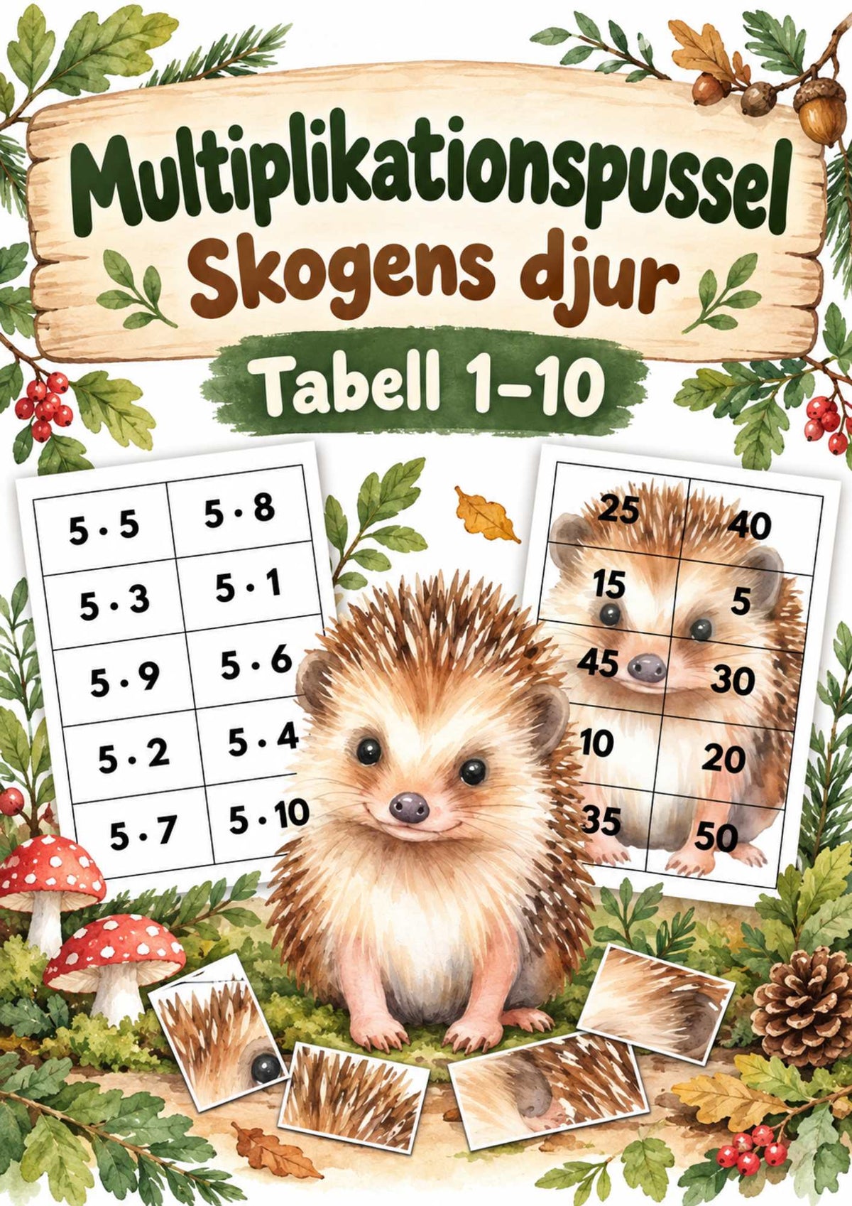 Multiplikationspussel – Skogens djur, tabell 1–10