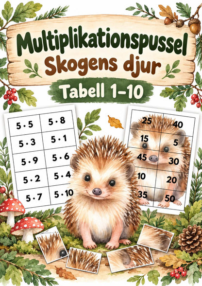 Multiplikationspussel – Skogens djur, tabell 1–10