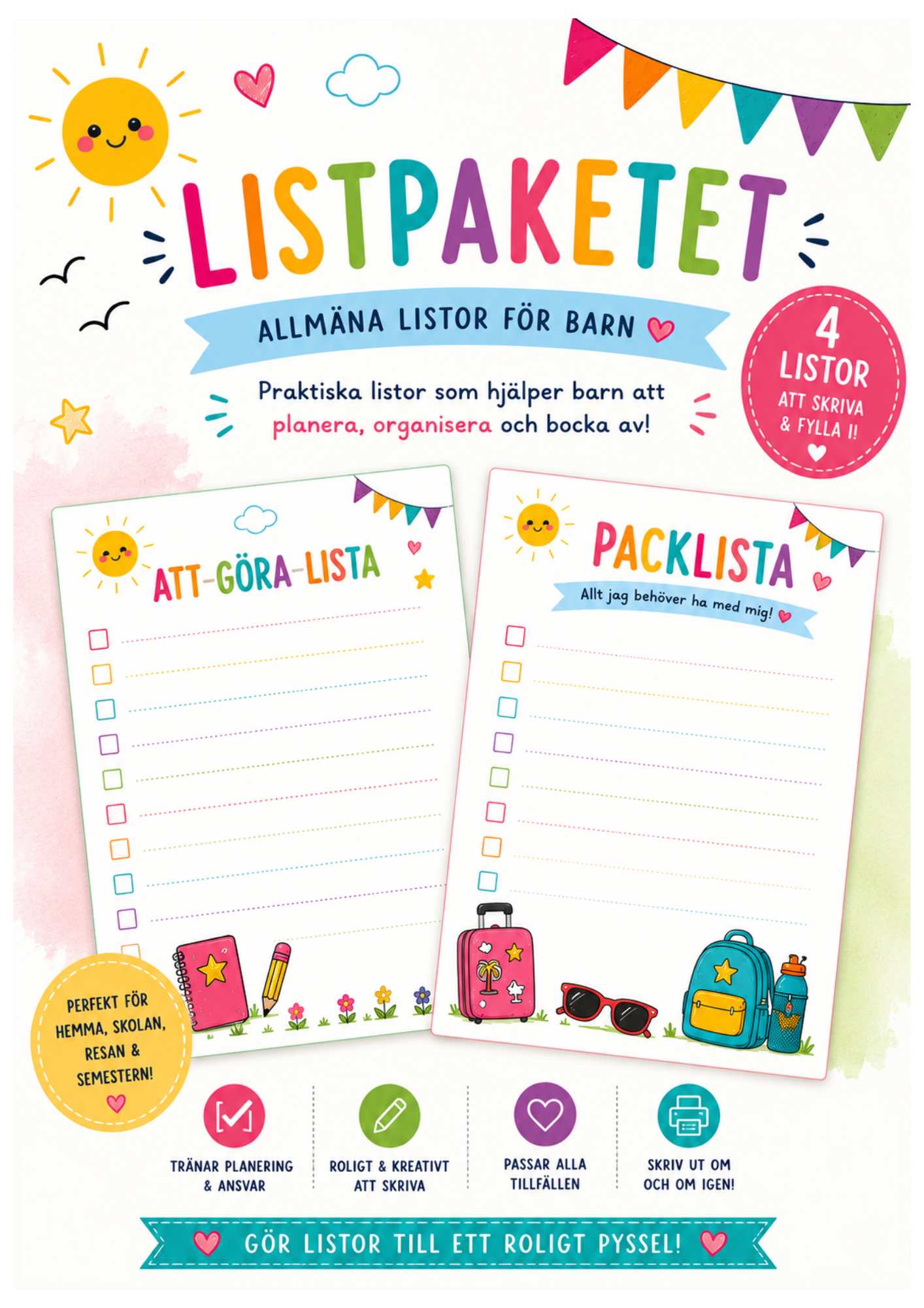 Listpaket -Listor att fylla i för att göra, packa & planera