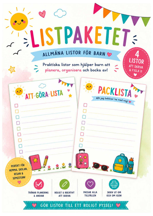 Listpaket -Listor att fylla i för att göra, packa & planera