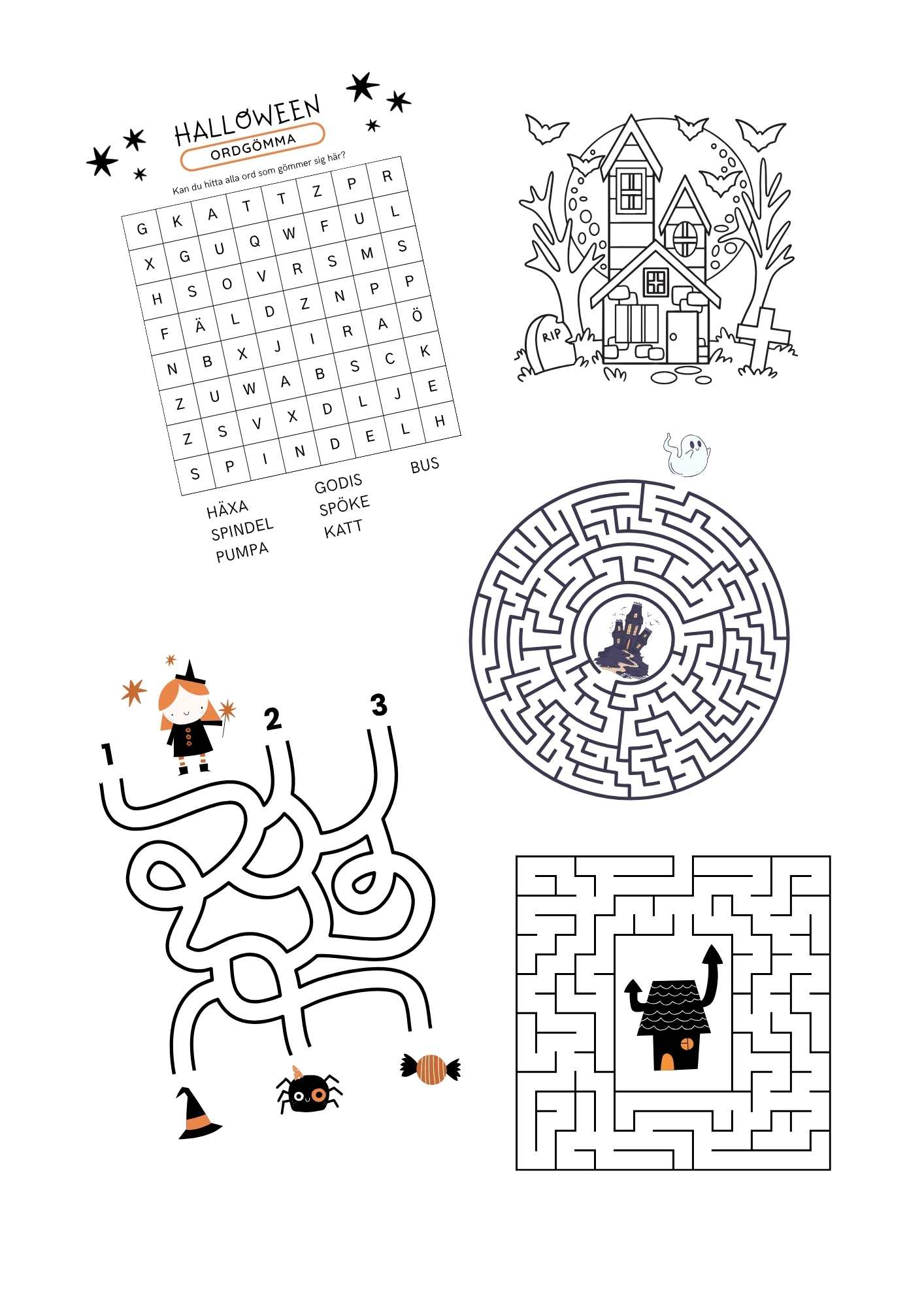Ordgömmor, labyrinter och målarbilder till halloween från pysselverkstan