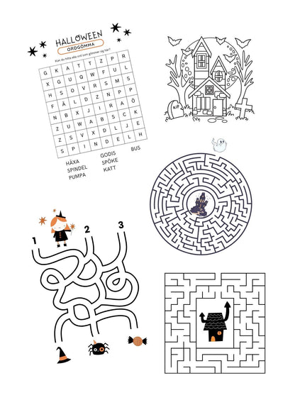 Ordgömmor, labyrinter och målarbilder till halloween från pysselverkstan