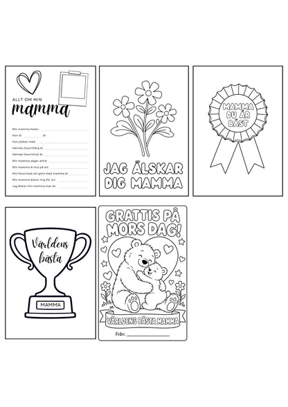 Mors dag-pyssel – fem blad med Allt om mamma & målarbilder