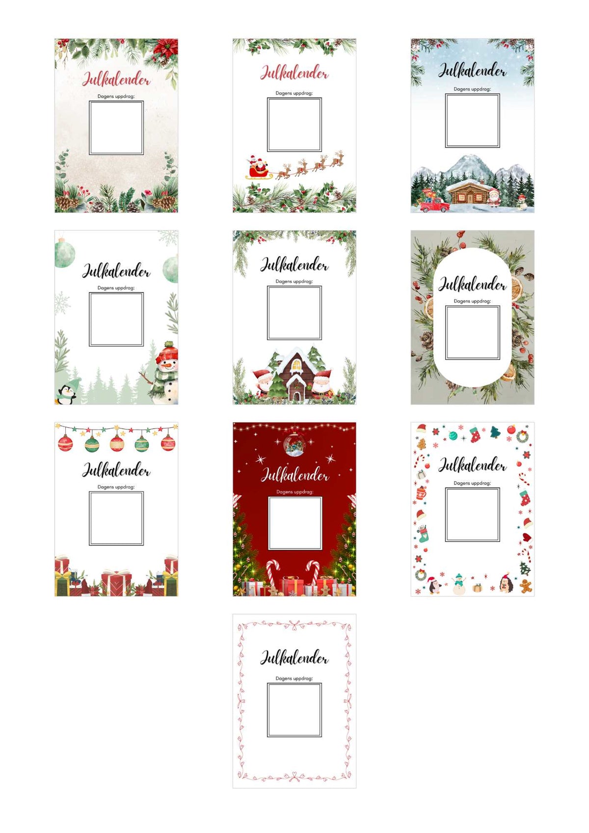 Julkalender med uppdrag – 10 olika bakgrundsbilder för kalendern