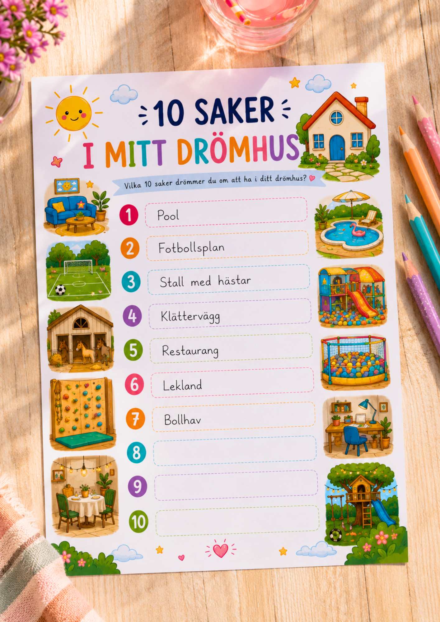 Stora listpaketet - 10 saker i mitt drömhus - lista att fylla i för barn