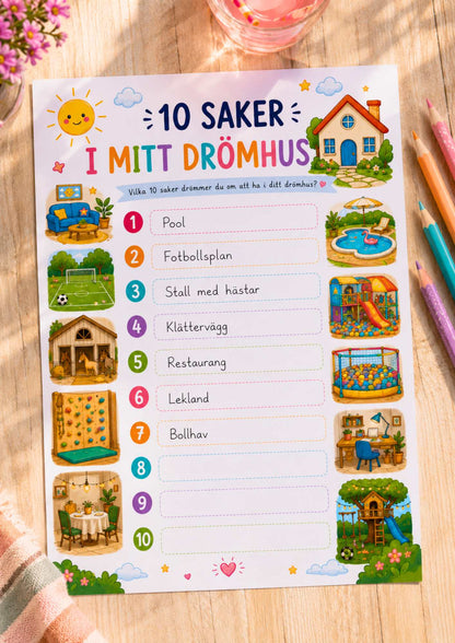 Stora listpaketet - 10 saker i mitt drömhus - lista att fylla i för barn