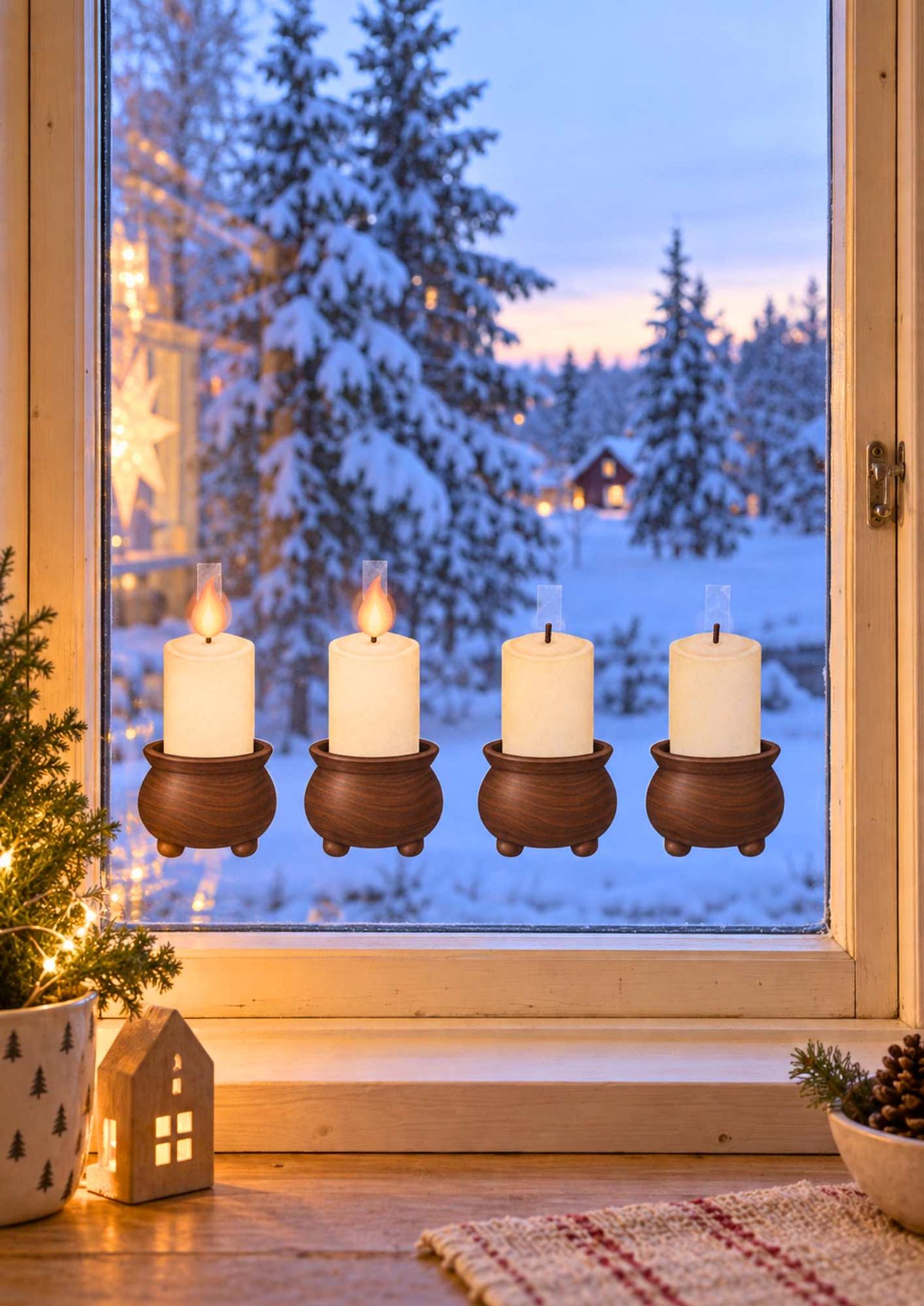 Adventsljusstake i mörkt trä till fönster – mysigt adventspyssel för barn