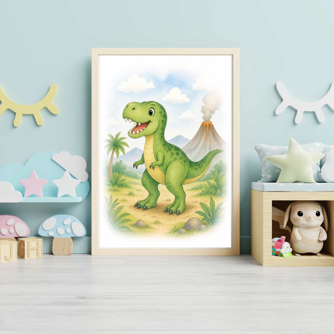 T-rex dinosaurie poster från pysselverkstan för barnrum