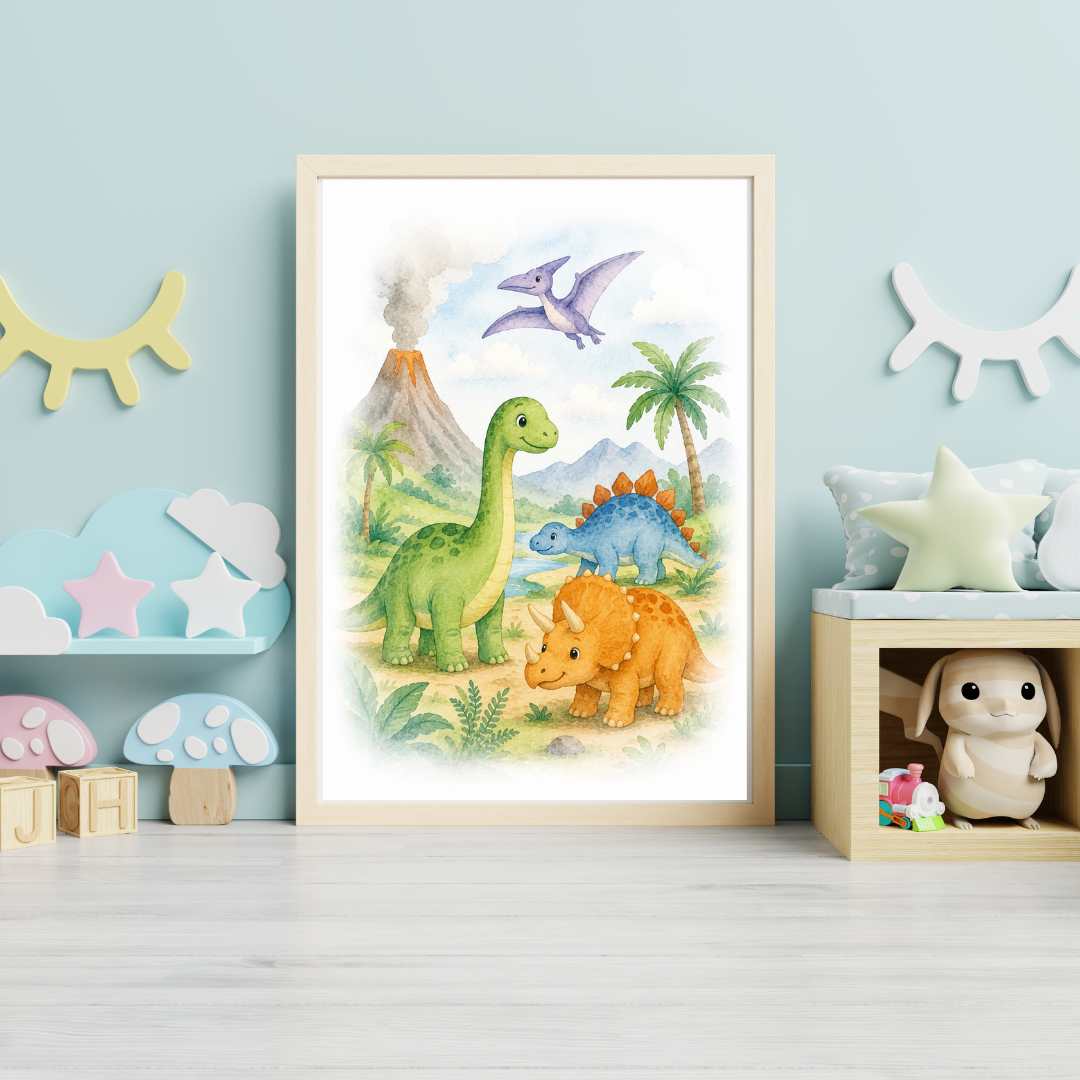 söta dinosaurier på poster från pysselverkstan, perfekt till barnrum