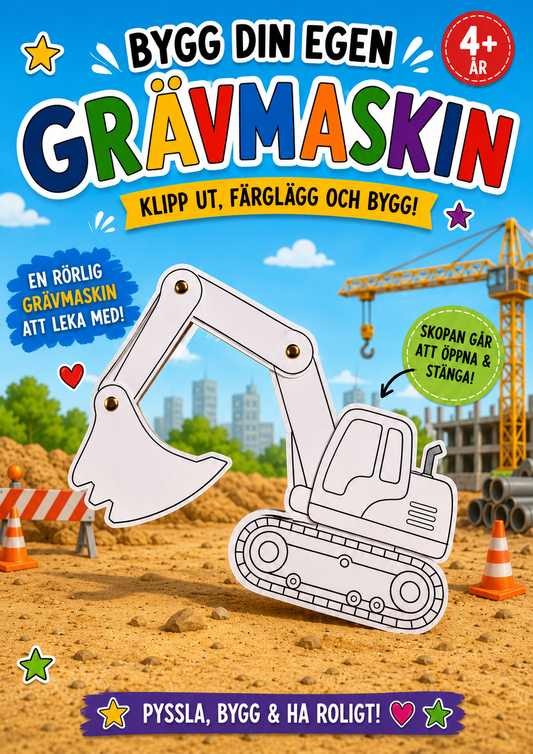 Bygg din egen grävmaskin – rörligt pyssel att färglägga