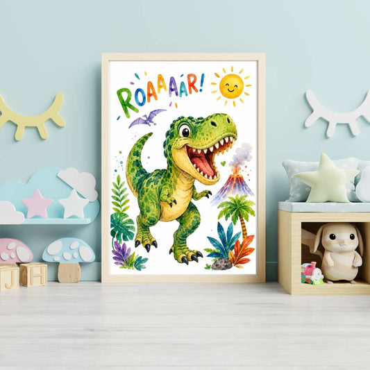 T-rex som ropar ROAAAR på poster i barnrum