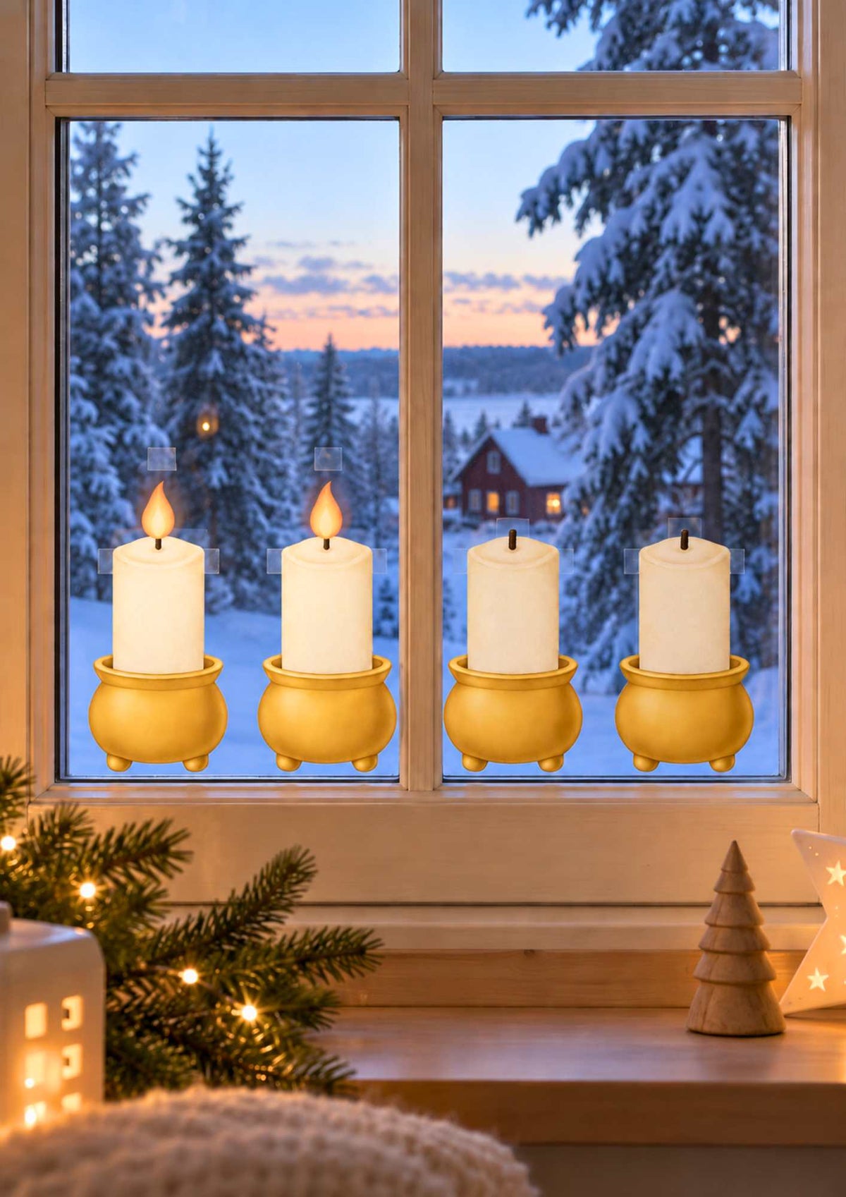 adventsljusstake i guld till fönster i klassrum, förskola och hem