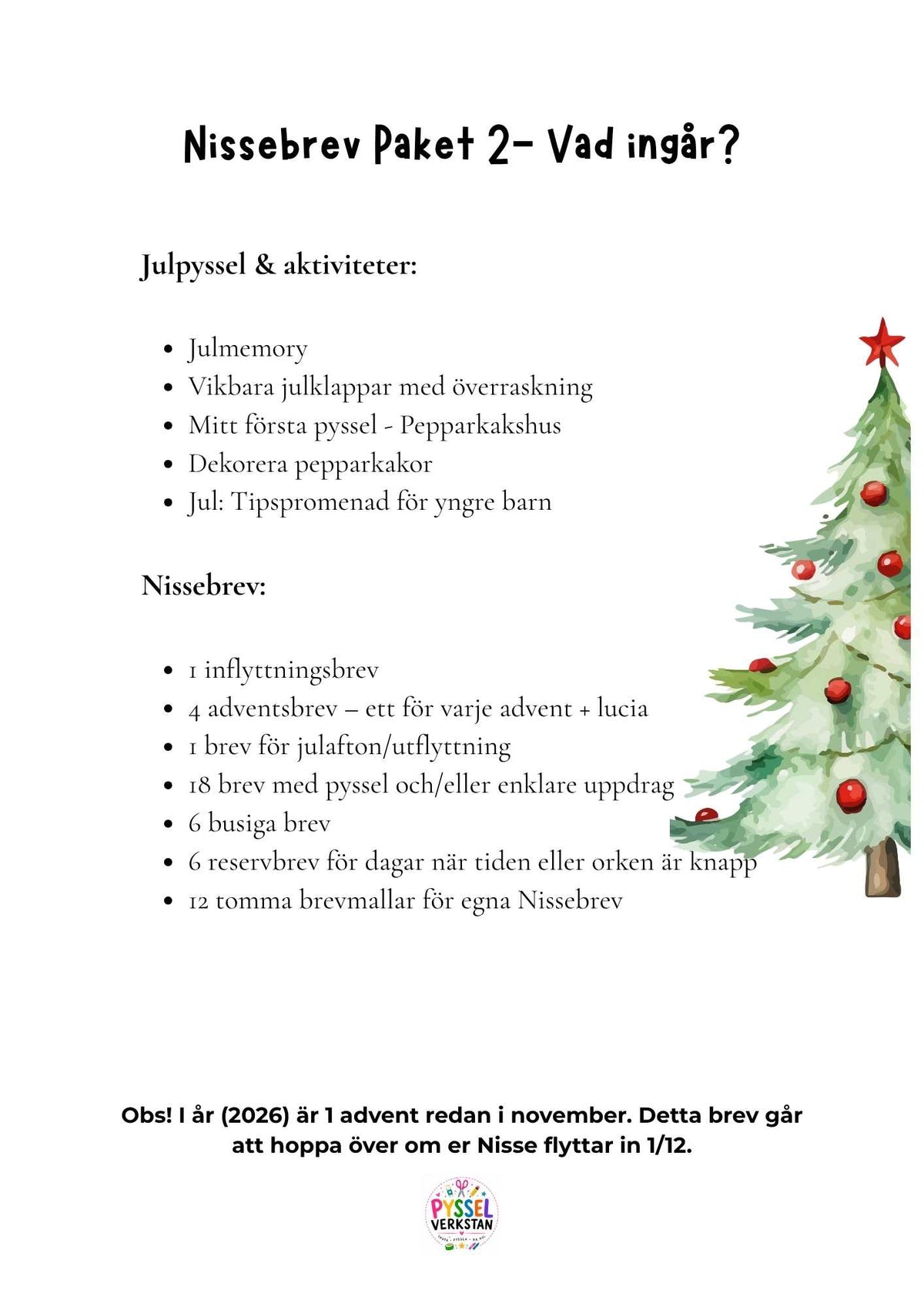 information om vad som ingår i nissebrev paket 2