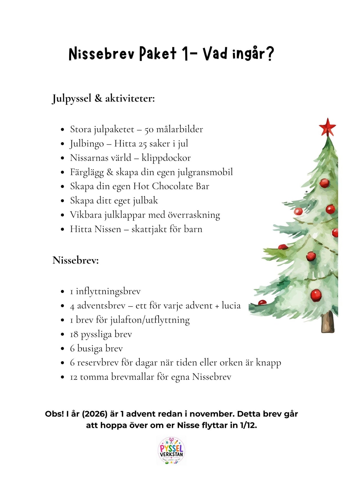 information om vad som ingår i nissebrev paket 1
