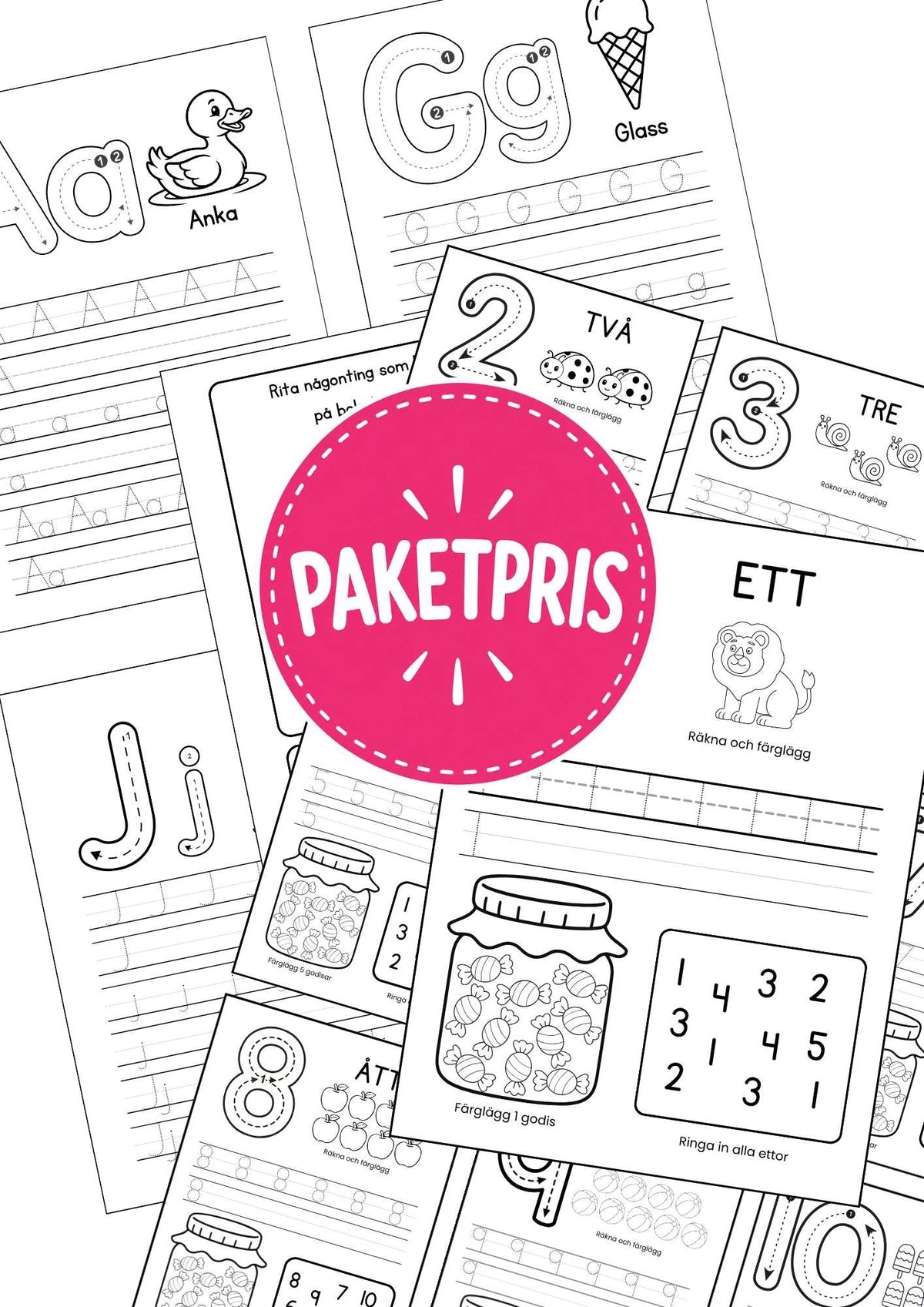 Paketpris på arbetsblad med bokstäver  a till ö och siffror 1-10 för barn
