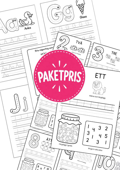 Paketpris på arbetsblad med bokstäver  a till ö och siffror 1-10 för barn