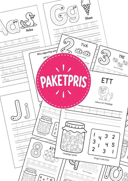 Paketpris på arbetsblad med bokstäver  a till ö och siffror 1-10 för barn