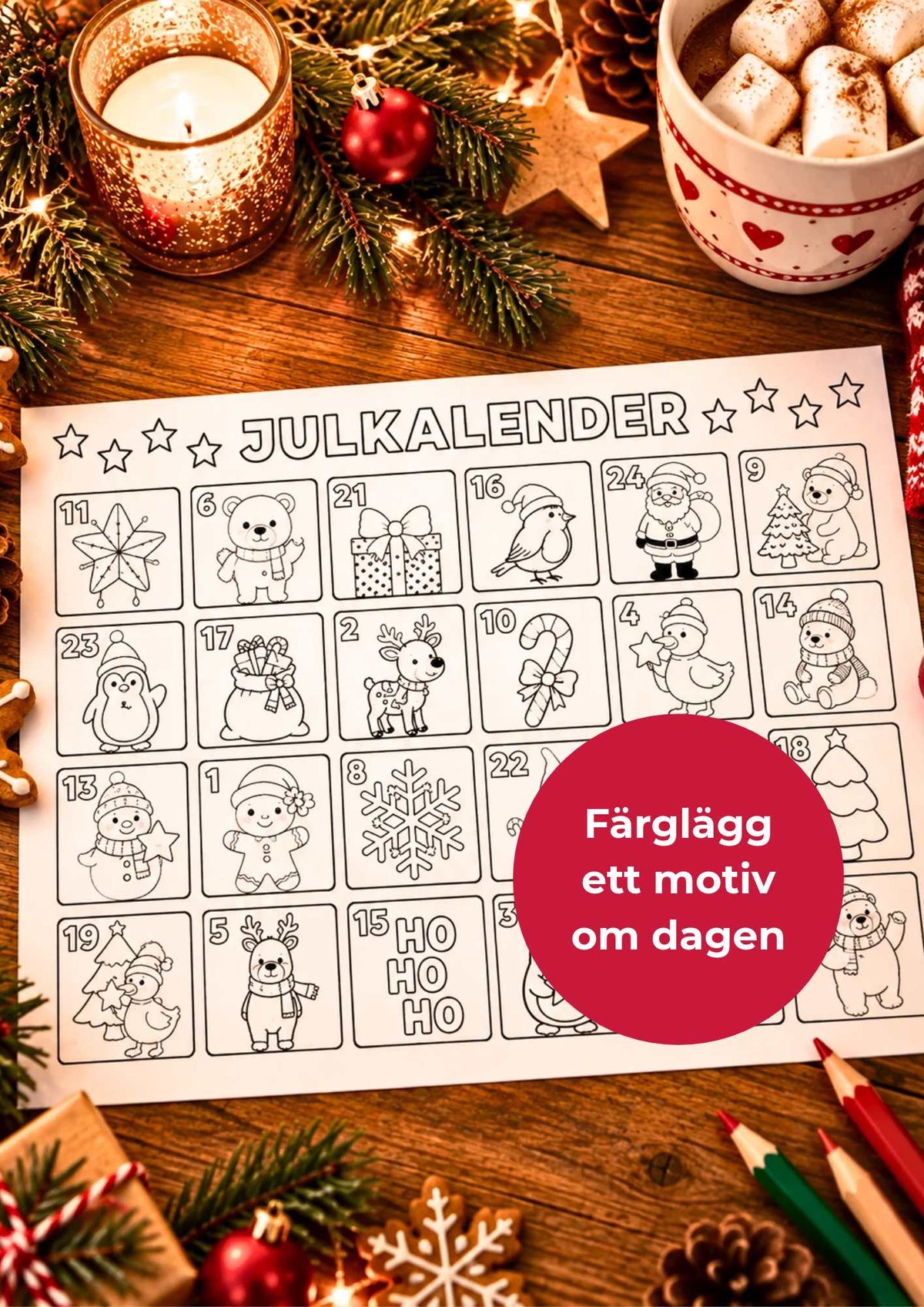Julkalender att färglägga – färglägg ett motiv om dagen fram till julafton