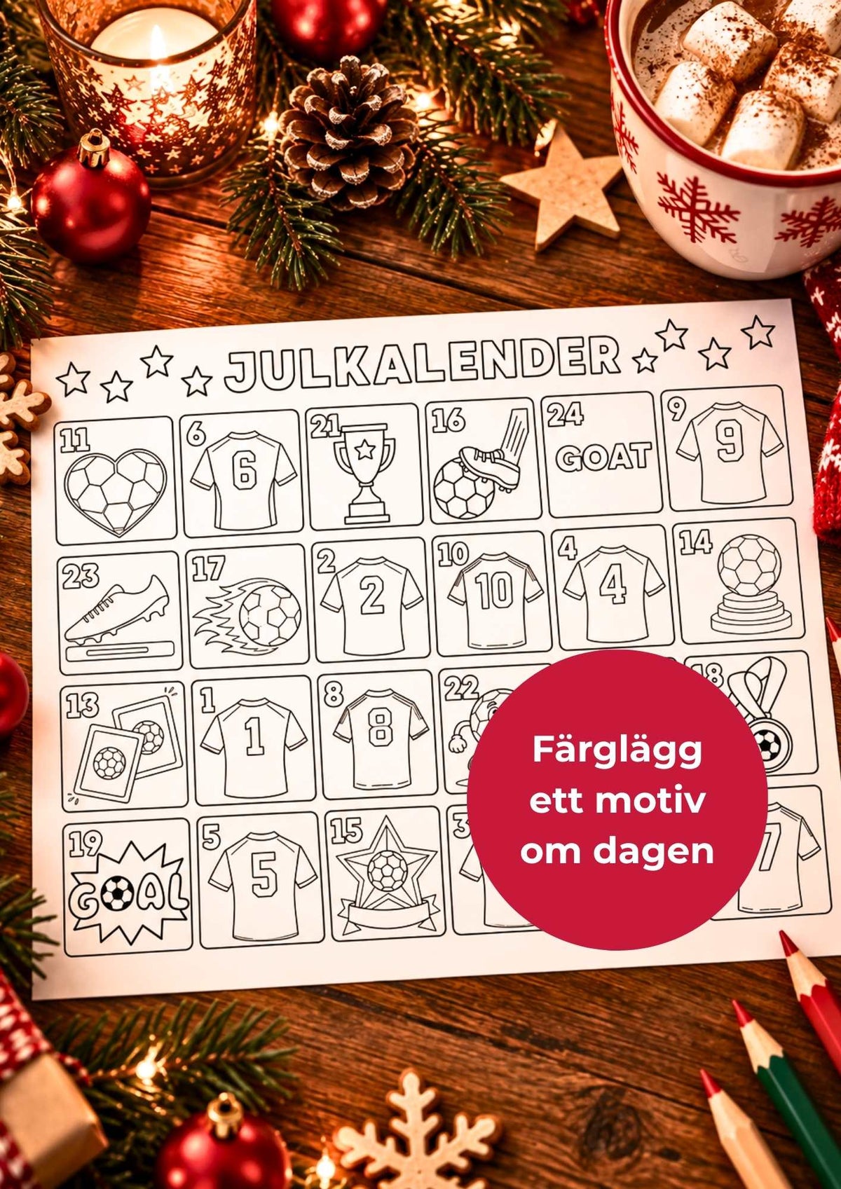 Julkalender att färglägga fotboll – 24 dagar till jul
