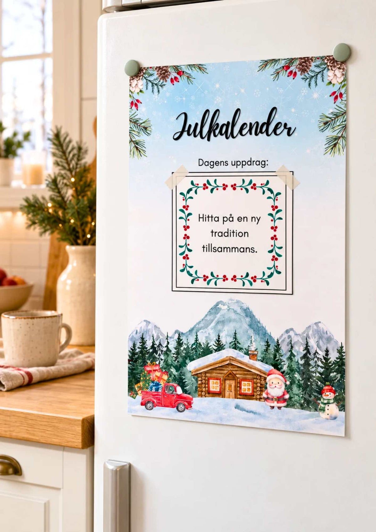 Julkalender med dagliga uppdrag på ett kylskåp i ett ljust skandinaviskt kök. I kalenderns ruta sitter uppdraget ”Hitta på en ny tradition tillsammans” fasttejpat.