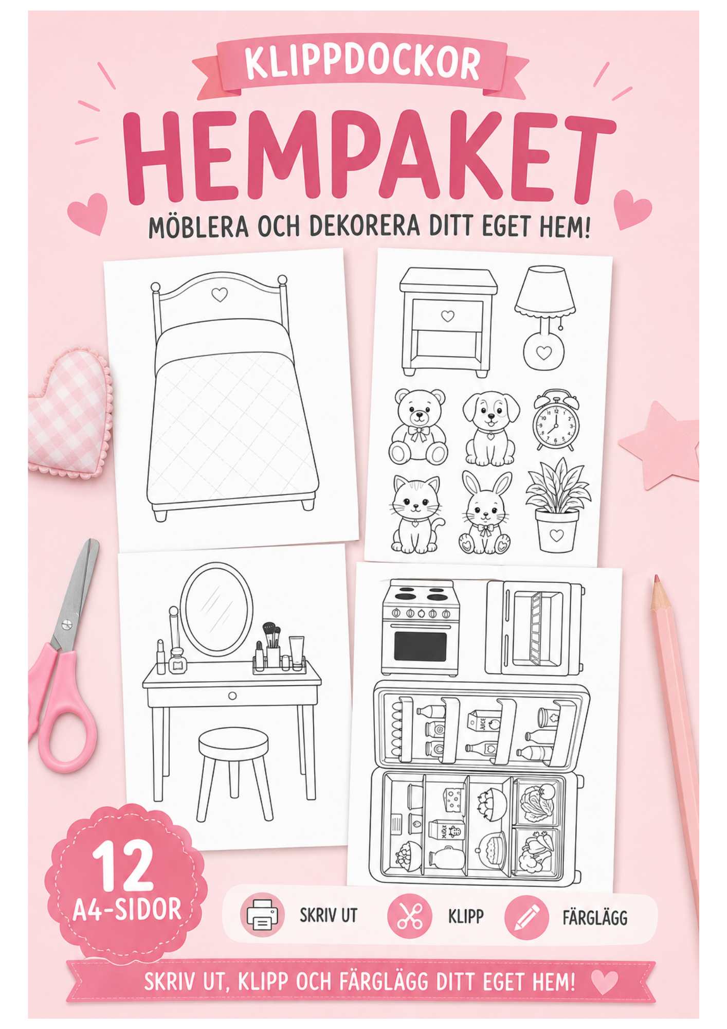 Paket med hemmaprylar till klippdockor från pysselverkstan