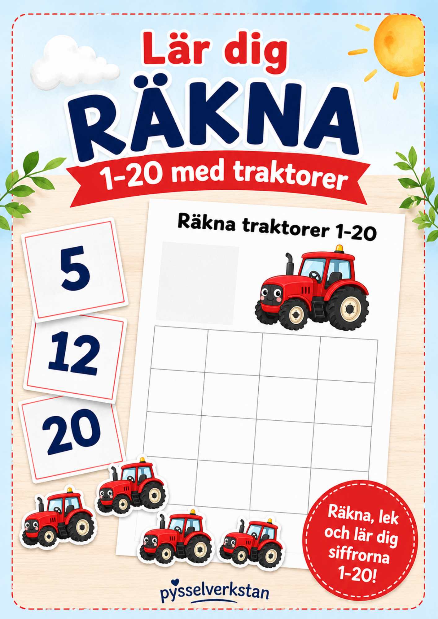 Gör matematiken både rolig och praktisk med Lär dig räkna 1–20 med traktorer! 