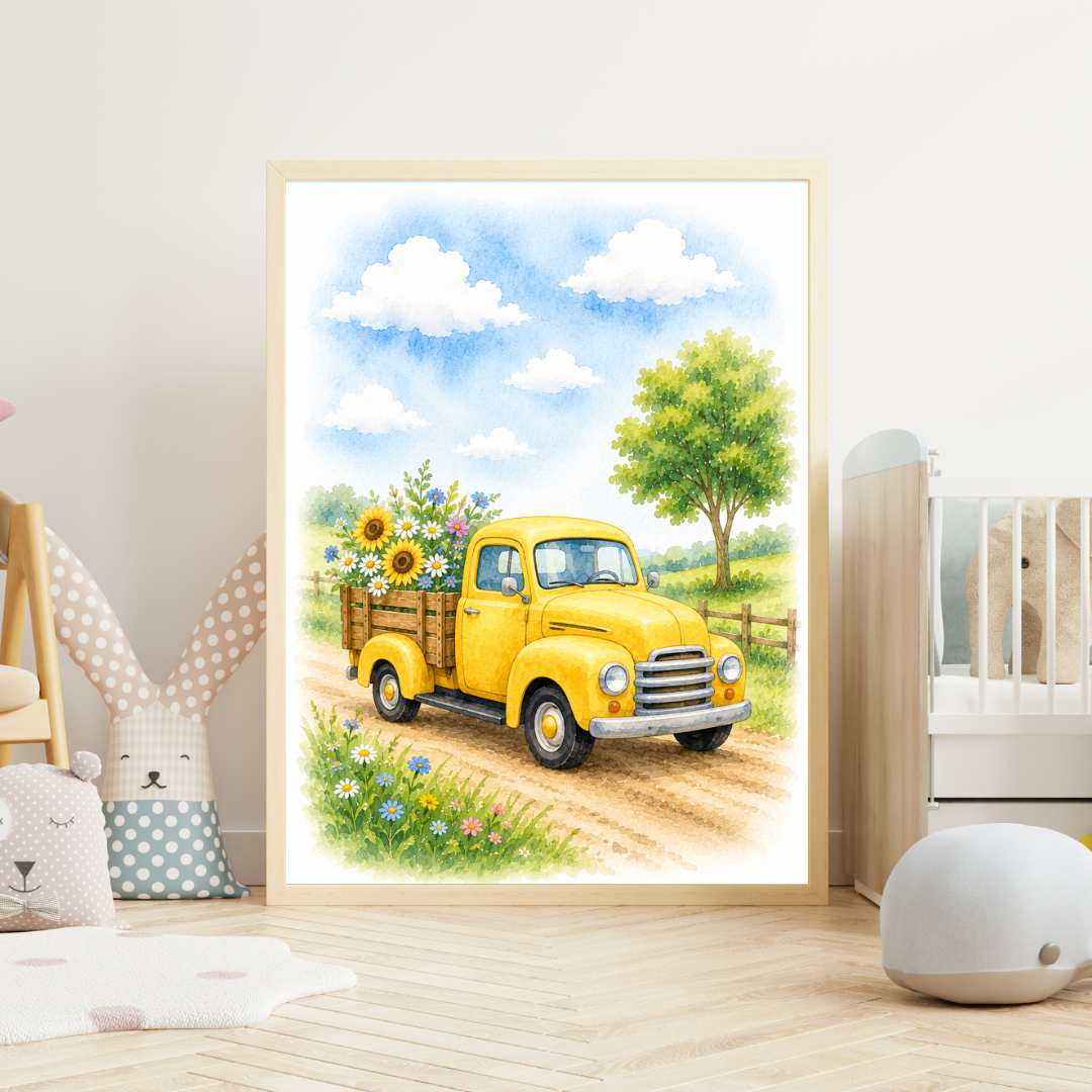En fin poster med en gul bil med blommor på flaket i mjuk akvarellstil. Perfekt för ett barnrum!