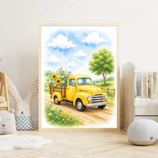 En fin poster med en gul bil med blommor på flaket i mjuk akvarellstil. Perfekt för ett barnrum!