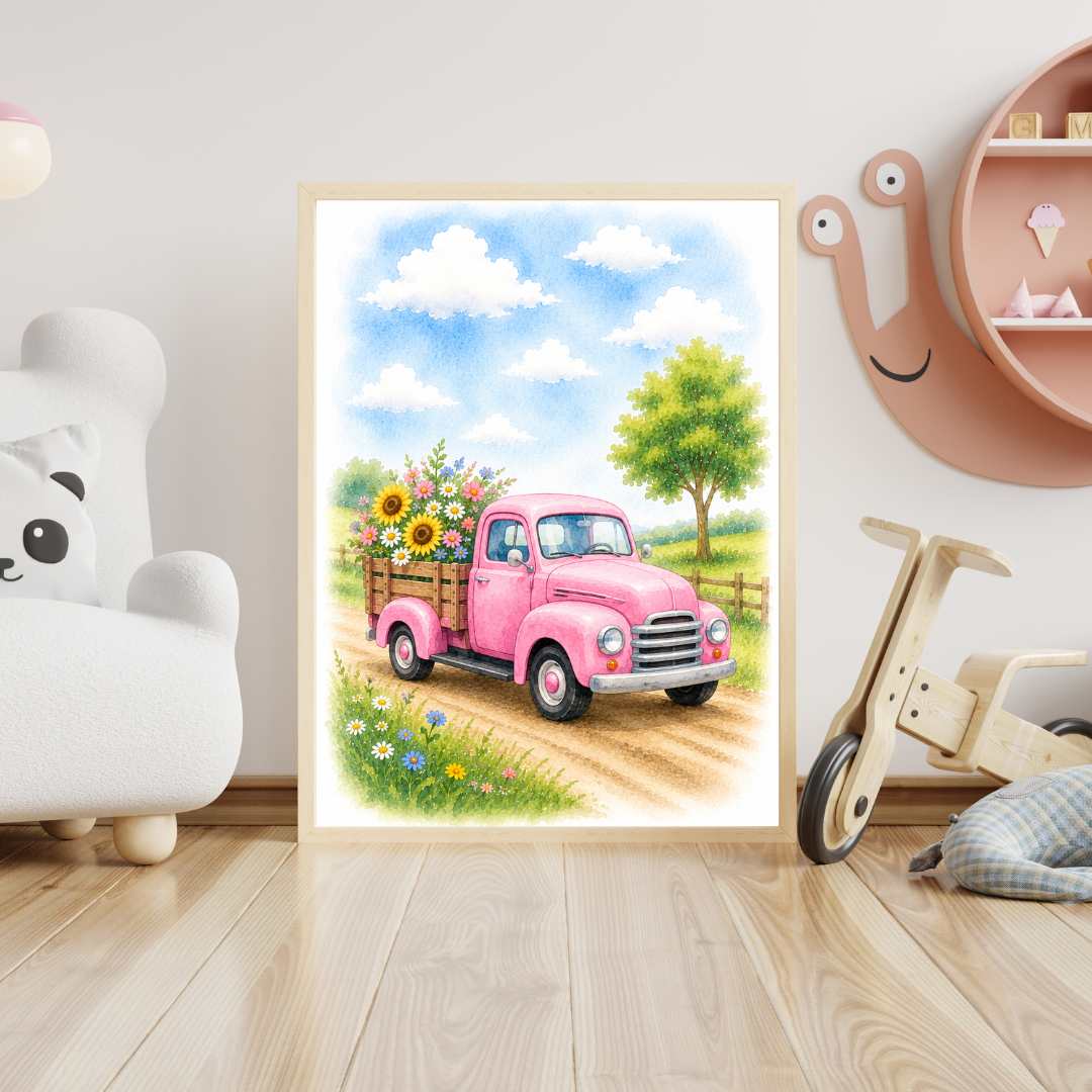 En fin poster med en rosa bil med blommor på flaket i mjuk akvarellstil. Perfekt för ett barnrum!