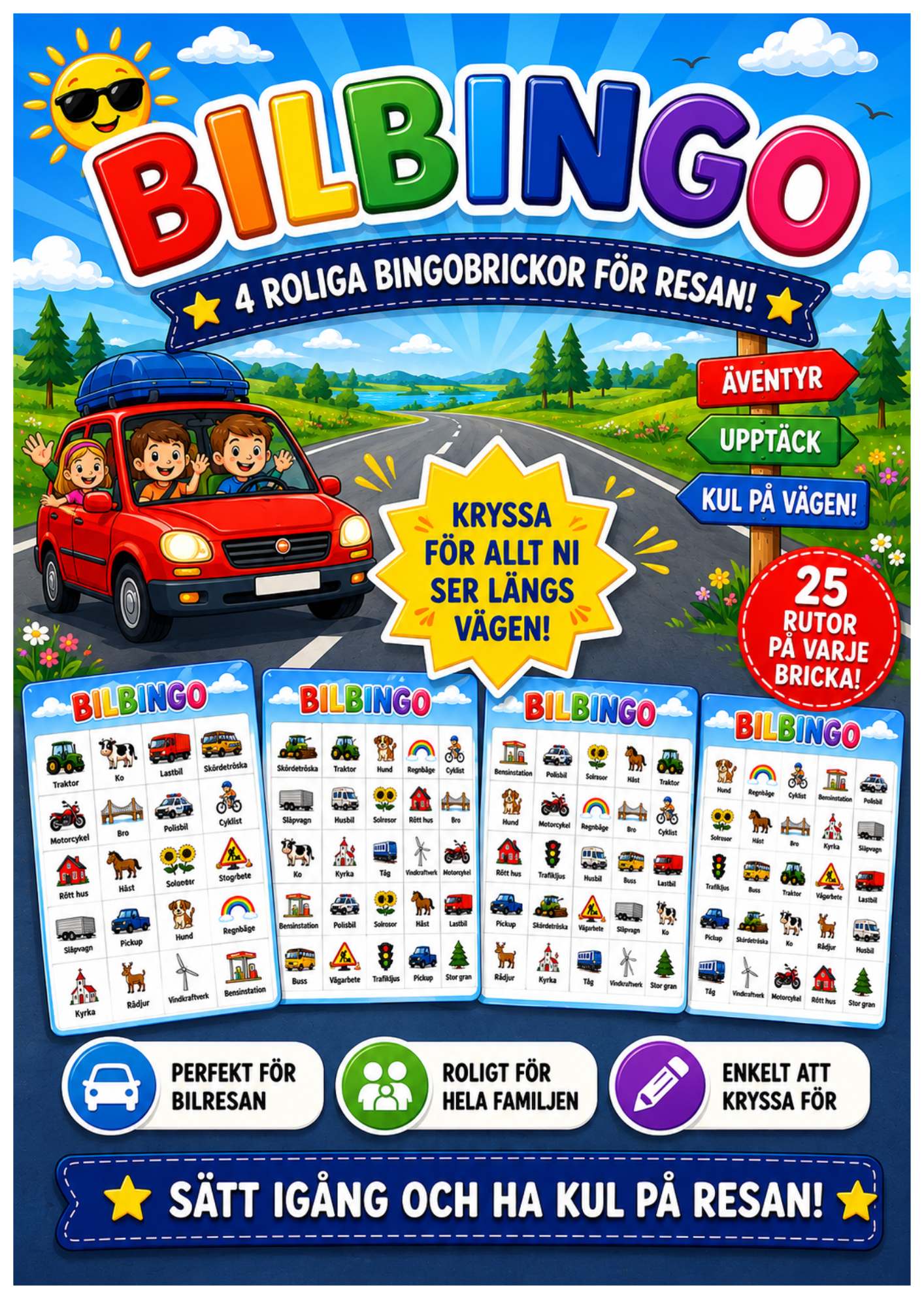 bilbingo med fyra bingobrickor för resan