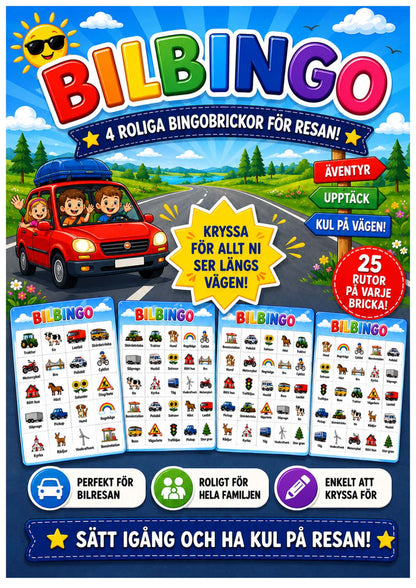 bilbingo med fyra bingobrickor för resan