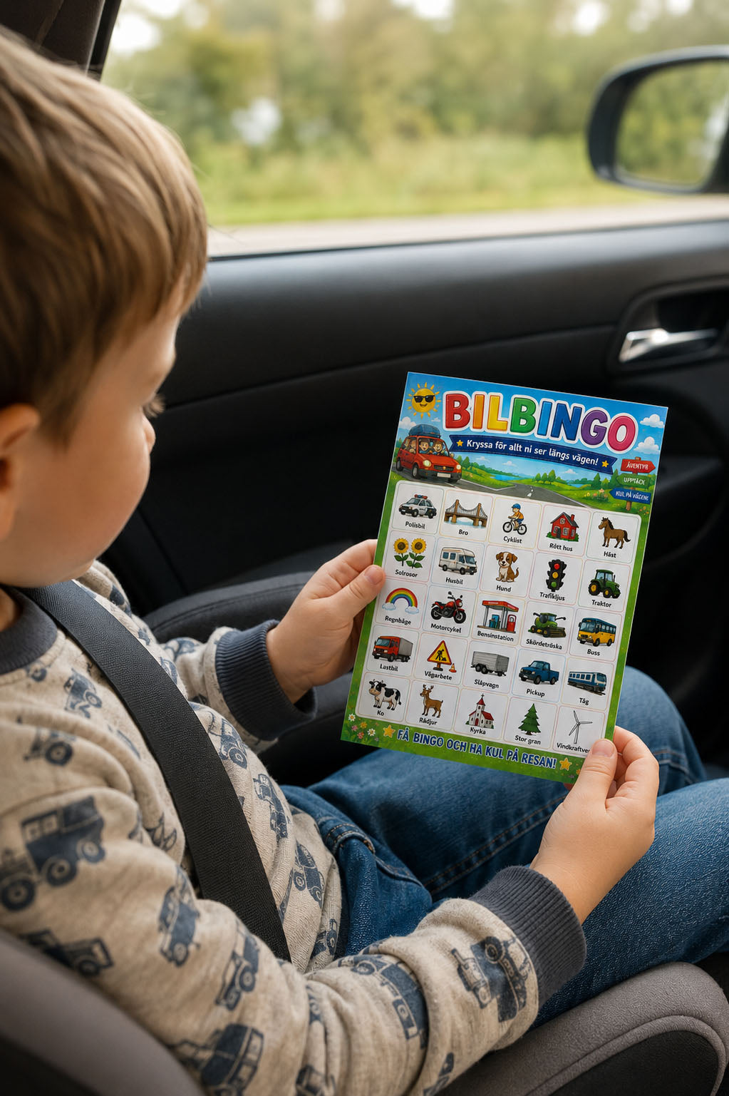 ett barn med ett bilbingo i händerna i en bil
