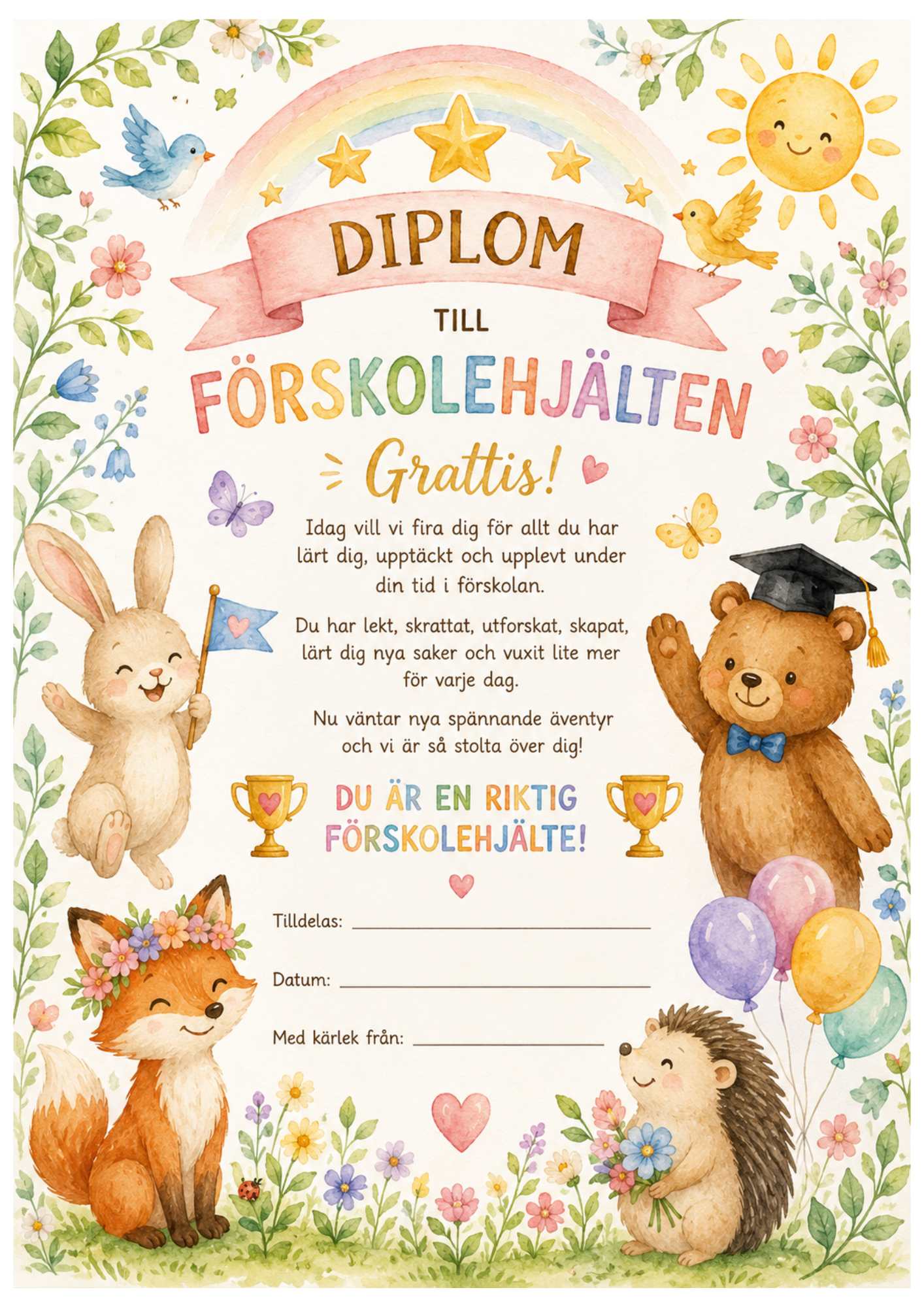 Diplom till förskolehjälten med akvarellmålade djur
