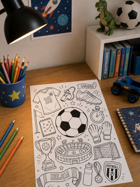 en målarbild med fotbollssaker på ett skrivbord i ett barnrum